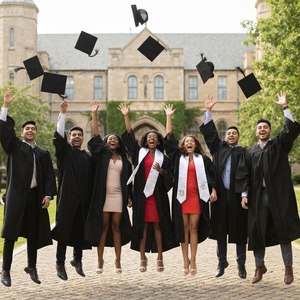Students celebrating university acceptance and graduation success